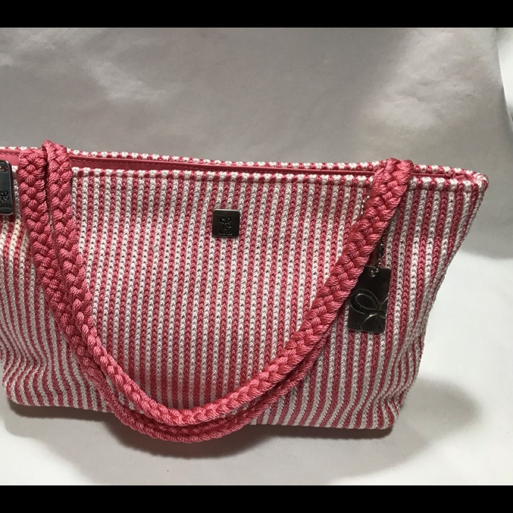Lina Pink & White Crocheted Knit Bag Pink Straps
